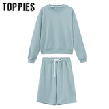toppies 2020 women two piece set tracksuits o-neck sweatshirts elastic high waist bermuda shorts solid color