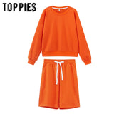 toppies 2020 women two piece set tracksuits o-neck sweatshirts elastic high waist bermuda shorts solid color