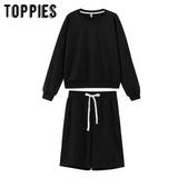 toppies 2020 women two piece set tracksuits o-neck sweatshirts elastic high waist bermuda shorts solid color