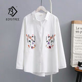 Autumn Women Floral Embroidery Pockets Cotton White Shirt Long Sleeve Casual Blouse Plus Size 4XL Tops Feminina Blusa T06618F