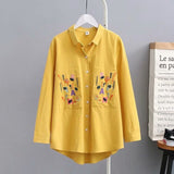 Autumn Women Floral Embroidery Pockets Cotton White Shirt Long Sleeve Casual Blouse Plus Size 4XL Tops Feminina Blusa T06618F