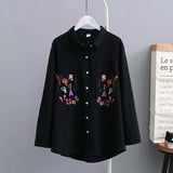 Autumn Women Floral Embroidery Pockets Cotton White Shirt Long Sleeve Casual Blouse Plus Size 4XL Tops Feminina Blusa T06618F