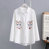 Autumn Women Floral Embroidery Pockets Cotton White Shirt Long Sleeve Casual Blouse Plus Size 4XL Tops Feminina Blusa T06618F